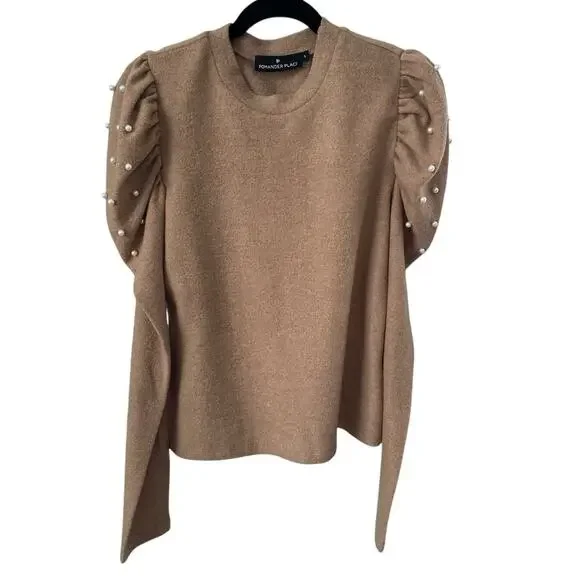 Pomander Place Tuckernuck Puff Pearl Sleeve Sweater Small Tan - Picture 1 of 6